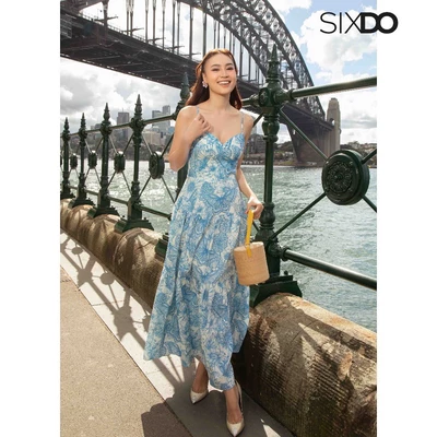 Đầm linen hai dây in hoa SIXDO (White Floral Strappy Midi Linen Dress)