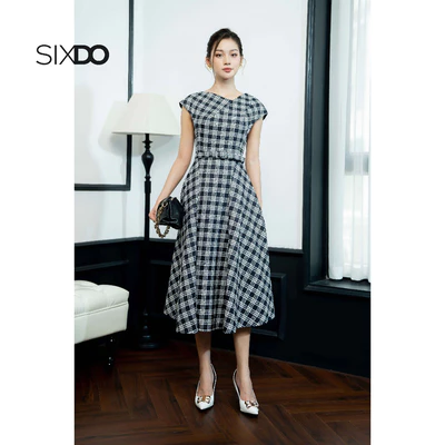Đầm midi tay hến dáng xòe SIXDO (Black Check Midi Raw Dress)