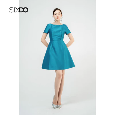 Đầm mini Taffeta xanh cổ vịt dáng xòe phối cúc thời trang SIXDO (Mallard Green Mini Taffeta Dress)