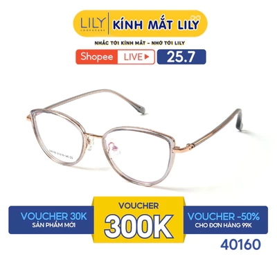 Gọng kính mắt mèo nam nữ LILYEYEWEAR chất liệu nhựa phối càng kim loại cao cấp, kiểu dáng hiện đại thời trang 40160