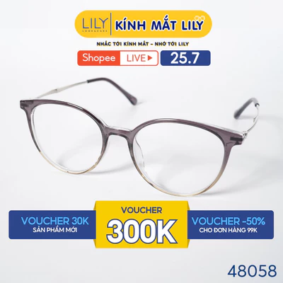 Gọng kính mắt tròn nam nữ LILYEYEWEAR chất liệu nhựa phối càng kim loại cao cấp kiểu dáng hiện đại thời trang 48058