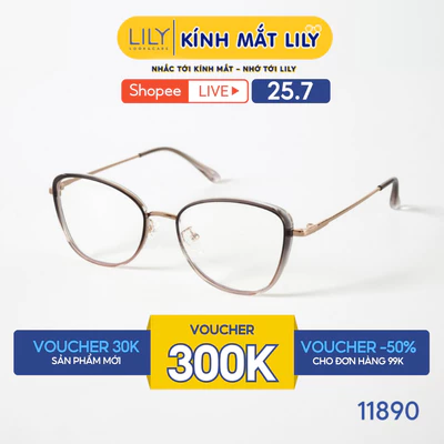 Gọng kính mắt mèo nam nữ LILYEYEWEAR chất liệu nhựa phối càng kim loại cao cấp, kiểu dáng hiện đại thời trang 11890
