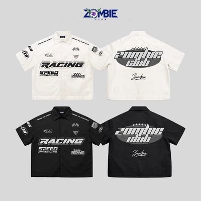 Áo sơ mi RACING, ZOMBIE.CLUB, Form boxy rộng, Thêu + in nổi, Chất kaki cotton dày