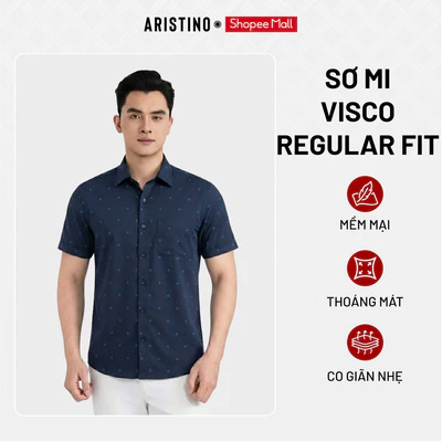 ARISTINO Áo Sơ Mi Nam Ngắn Tay Regular Fit Sợi Visco Tre Tự Nhiên Thoáng Khí Thấm Hút Tốt Thời Trang Công Sở ASS097AS2