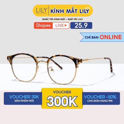 Gọng kính mắt tròn nam nữ LILYEYEWEAR kính nửa viền nhựa pha kim loại chắc chắn dễ đeo phong cách Hàn Quốc 220010