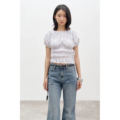 LIBÉ WORKSHOP - Áo tay phồng thân nhún smocking cột nơ eo chấm bi nhiều màu 7356