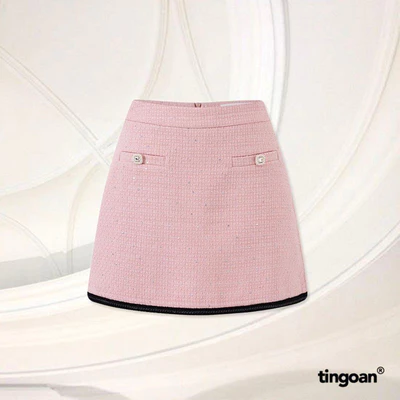 TINGOAN® - Chân váy tweed hồng cạp cao viền bện xích phối cúc ngọc CRYSTAL LADY SKIRT/PK