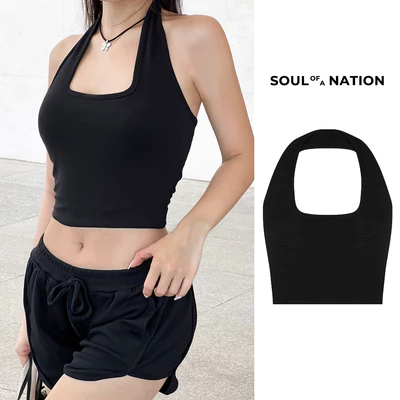 Áo CROPTOP CỔ YẾM HỞ LƯNG FREESIZE trơn, sợi gân, co giãn, 100% cotton màu Đen/Kem - SOUL OF A NATION