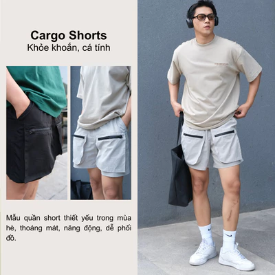 Quần short nam Local Brand B Brown, chất liệu nylon, thiết kế túi hộp cá tính, thoáng mát | Cargo short
