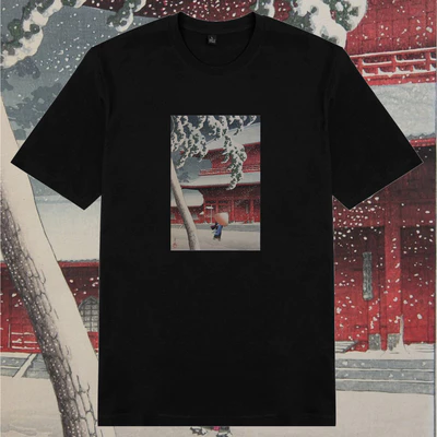 Áo thun ngắn tay unisex Chodole cotton 100% in hình Japanese Woodprint - Snow in Temple