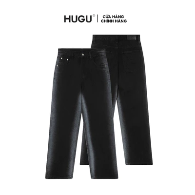 Quần jeans dài unisex màu đen local brand HUGU - SIDE LINE WASH - chất liệu denim, form rộng, tag da, wash nhẹ ở giữa