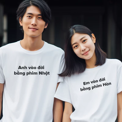 Áo thun cặp đôi unisex cotton 100% in chữ vào đời bằng Phim Nhật và Phim Hàn