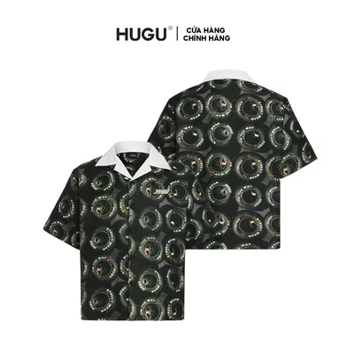 Áo sơ mi unisex local brand HUGU - ON THE WAY - vải lụa, form regular, in chuyển nhiệt, tag in cao thành HUGU phía trước