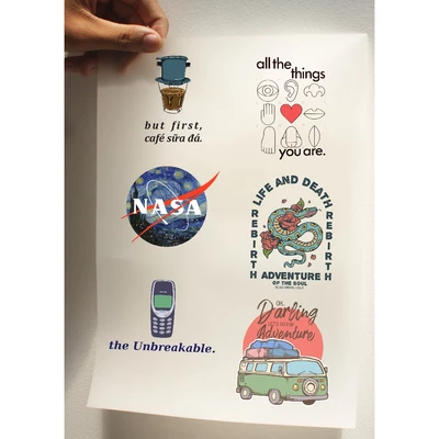Sticker ủi áo, túi tote, balo khổ A4 in hình Funny và cool artwork bộ 6 miếng sticker kích thước 6.5cm x 8.5 cm