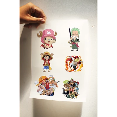 Sticker ủi áo, túi tote, balo khổ A4 in hình One piece và Songoku bộ 6 miếng sticker kích thước 6.5cm x 8.5 cm