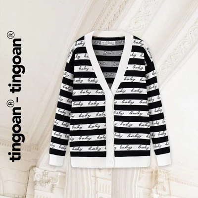 TINGOAN® - Áo khoác cardigan len xù đen viền trắng BABY BABY CARDIGAN/BL --WH