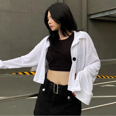 Áo sơmi croptop tay dài ĐEN / TRẮNG - BITTER PILLS