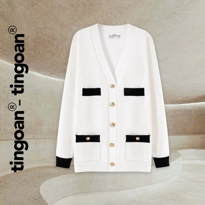 TINGOAN® - Áo khoác cardigan len xù trắng viền túi đen NAOMI CARDIGAN/WH