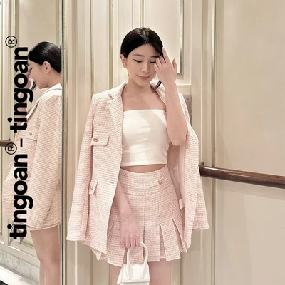 TINGOAN® - Áo khoác tweed blazer freesize TWEED đính cúc lấp lánh dáng dài 2 lớp hồng CHERRY CHAMPAGNE BLAZER/PK