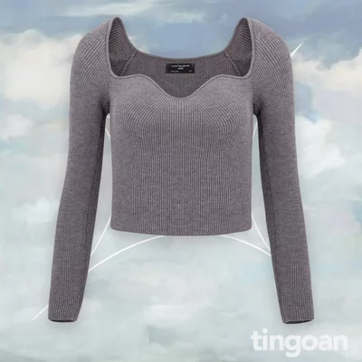 TINGOAN® - Áo len xù dài tay cổ lượn viền xám đậm TIFFANY TOP/GR