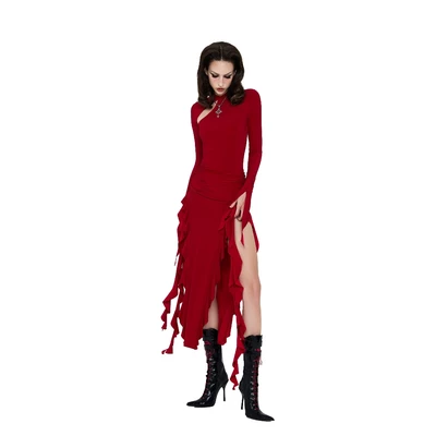 LSOUL Đầm Xẻ Vai Tua Rua Màu Đỏ Sang Trọng Đi Tiệc Flemish Dress - V23121594