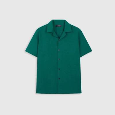 Áo sơ mi nam ROWAY vải linen thoáng mát, form regular, Sơ mi cộc xanh