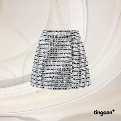 TINGOAN® - Chân váy tweed xám cạp cao vạt lệch đính cúc đá trắng PRETTY SNOW SKIRT/GR