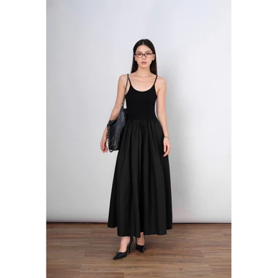 RUBIES Babie Dress - Đầm Dài Nữ Vải Thun Phối Kate Dáng Tùng Xòe 2 Dây Cổ U