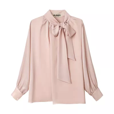 RUBIES Siena Top - Áo Kiểu Nữ Vải Lụa Satin Dáng Suông Rộng Tay Dài Cổ Dây Thắt Nơ