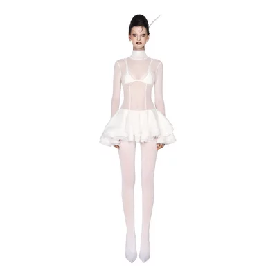 LSOUL Đầm Ôm Body Sexy Xuyên Thấu Chân Váy Ngắn Xếp Tầng Éthérée Dess V24031604