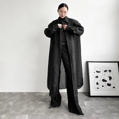 HIGHCHIC - GONE SHIRT - SƠ MI ĐEN DÁNG DÀI VOAN LỤA THÔ