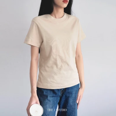 Baby Tee Màu Be - Áo Thun Trơn Nữ Basic Dáng Slim Fit Chất Cotton Dày Thấm Hút Mồ Hôi | THE J STUDIO
