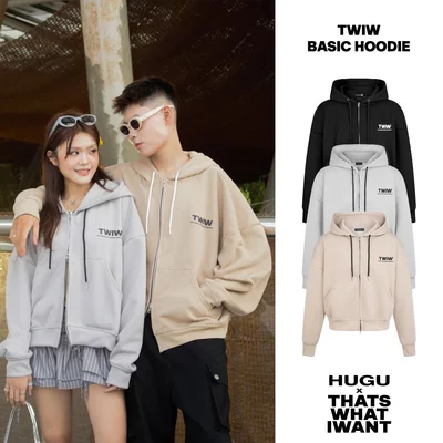 Áo khoác hoodie zip unisex logo nổi THATSWHATIWANTxHUGU - TWIW BASIC HOODIE - Áo khoác form boxy, logo nổi, khóa zip