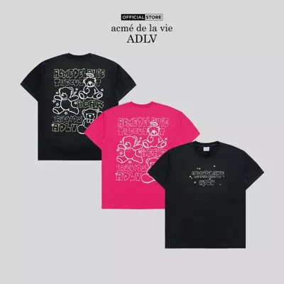 Áo thun ADLV Bear Friends Doodle Artwork dáng oversized màu đen/hồng - Hàng chính hãng