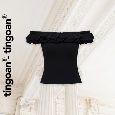 TINGOAN® - Áo len xù đen trễ vai phối hai bèo XING XING TOP/BL