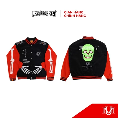 Áo Khoác Varsity URBAN MONKEY Skeleton Nhung Tăm Chằn Gòn Form Oversize Đen/Cam Nam Nữ Local Brand