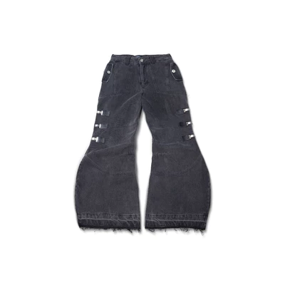 Quần Denim Goldie "MULTI BUCKLE WASHED GREY" Ống Loe Mạnh