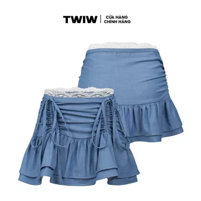 Chân váy xếp ly rút dây phối ren local brand HUGUxTHATSWHATIWANT - TWIW BLUE BABE
