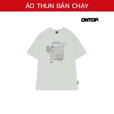 Áo phông local brand chính hãng ONTOP nam nữ form rộng hình in mèo màu xám Doodle Cat | O19-T7