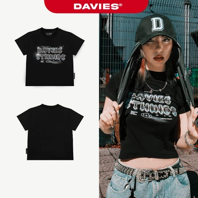 Áo baby tee croptop DAVIES họa tiết logo độc đáo nữ tay ngắn màu đen Flash | D32-T11