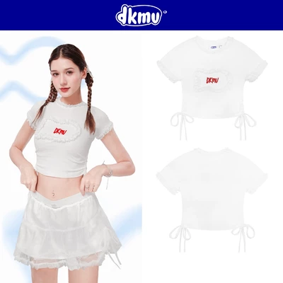 Áo baby tee nơ phối viền ren thêu DKMV màu trắng họa tiết chữ đỏ ôm dễ thương Lace Baby Tee | K-T13