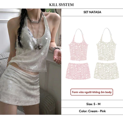 [ĐƯỢC TÁCH LẺ] 𝐊𝐈𝐋𝐋 𝐒𝐘𝐒𝐓𝐄𝐌 - Set áo cổ yếm + chân váy kim sa trong suốt cạp thấp NATASA lấp lánh
