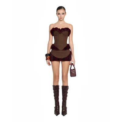 LSOUL Set Da Lộn Áo Corset Đan Dây + Chân Váy Viền Phối Lông Luvvi Set A25022806 CV25020716