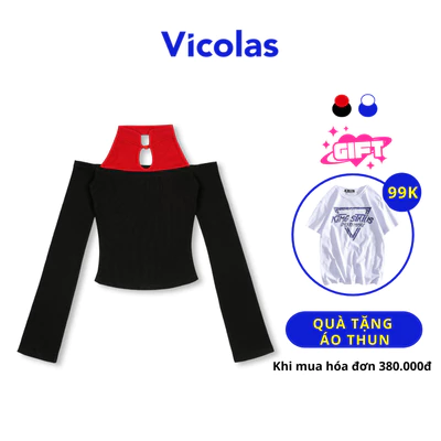 Áo croptop nữ hở vai thiết kế phối màu tay dài Vicolas chất liệu thu gân co giãn - VICO35