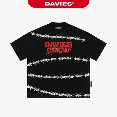 Áo thun form rộng in chữ DAVIES họa tiết thép gai full mặt trước phong cách hiphop tay ngắn, đen Barbed wire Tee| D-T28