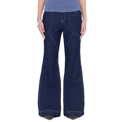 Quần jeans denim dài nữ ống loe chỉ nổi - BEUTER WMNS Navy Wide Flare Raw Denim Jeans