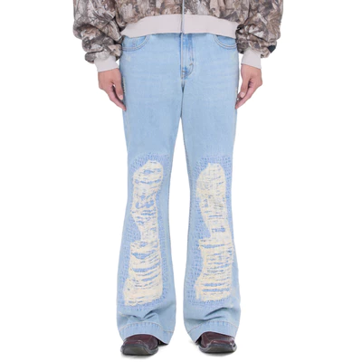 Quần jeans unisex dài ống loe wash rách - BEUTER SS25 Flare Distressed Blue Jeans