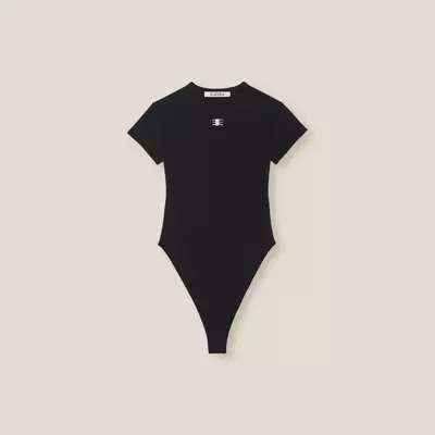 ELEVEN - Áo bodysuit cổ tròn tay ngắn Embroiderd Mono - màu Đen