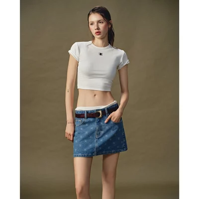 Eleven - Chân Váy Denim Mini Hoạ Tiết Monogram | Màu Xanh