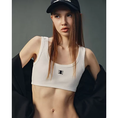 Eleven - Áo Crop Top Vải Thun Gân Thêu Mono | Màu Trắng